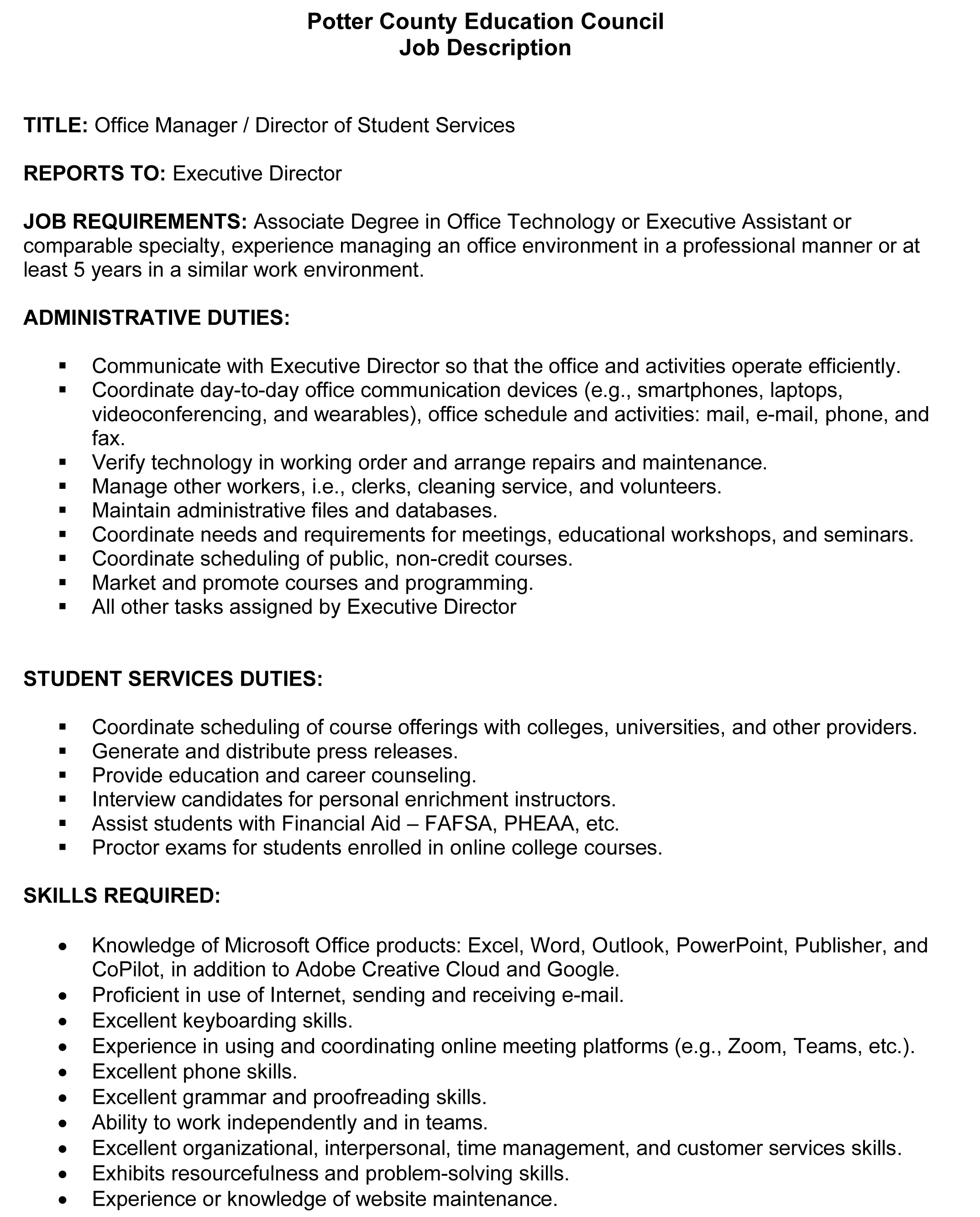 Office Manager Dir of Student Services job description 11